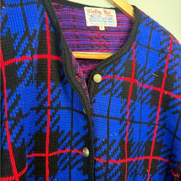 Vintage 80s Plaid Knit Sweater w/ Shoulder Pads & Pockets – Tally-Ho XL - Picture 4 of 8